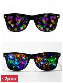 2pcs Heart-Shaped Diffraction Fireworks Party Glasses - 1*black Frame/all Gray/star+1*black Frame/all Gray/heart - View 1