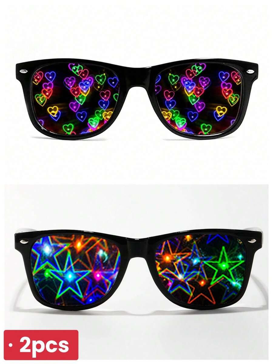2pcs Heart-Shaped Diffraction Fireworks Party Glasses - 1*black Frame/all Gray/star+1*black Frame/all Gray/heart - View 1