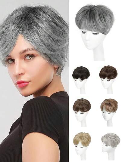 Hair Topper With Bangs Relaxed Pixie Cut Clip In Hair Topper For Women With Thinning Hair Synthetic Hair Top Hairpieces