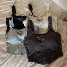 TRUMOVE 1 Pieza Top Deportivo Sin Costuras para Mujer con Estampado de Letras con Almohadillas para el Pecho de Algodón Corto y Moda Blusa Sin Mangas para Mujer Blusa de Base para Mujer,blusas,blusas para mujer,blusas elegantes dama,tops,tops de mujer - Multicolor - Ver 2