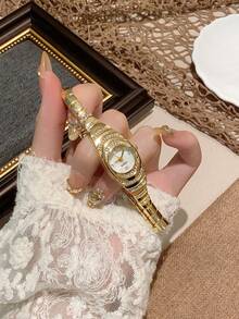 1pc Fashionable Creative Versatile Petite Personalized Women's Oval Quartz Watch, Oval Minimalist Dial, Mother Of Pearl Dial/Crystal Sister/Couple Watch, Suitable For Daily Wear And Holiday Gifts