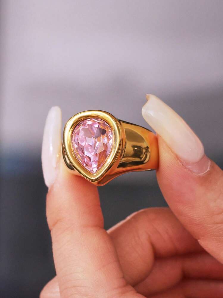 1 pieza Anillo de acero inoxidable con zirconia en forma de gota de agua exagerada, joyería de uso diario de moda como regalo para mujeres - Anillo de circonita en forma de lágrima - Añade 10