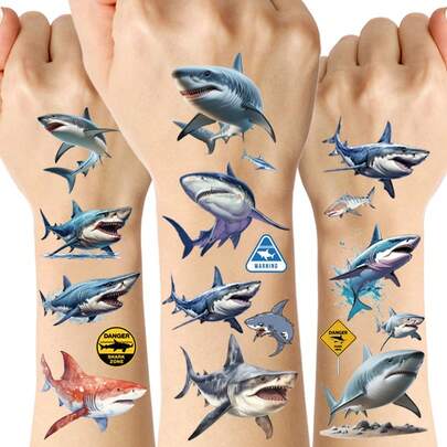 10pcs Shark Temporary Tattoos, Cute Shark Stickers, Summer Party Makeup Kit, Gifts For Kids, Waterproof & Easy To Remove