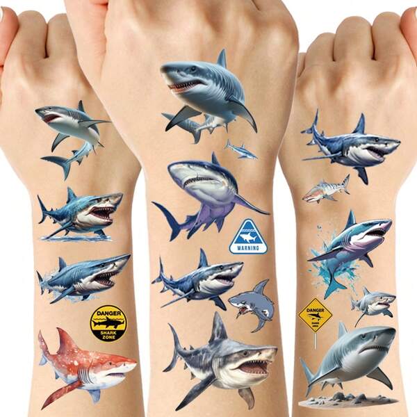 10pcs Shark Temporary Tattoos, Cute Shark Stickers, Summer Party Makeup Kit, Gifts For Kids, Waterproof & Easy To Remove