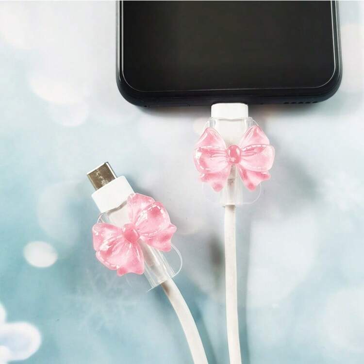 [Durable Cable Protector]2pcs Durable Pink Bow USB Cable Protector | Stylish Design For Phone Accessories - Plastic Cable Saver With Adorable Bow Accents, Cable Protector For Charging Cables - Multicolor 2-piece Set - View 17