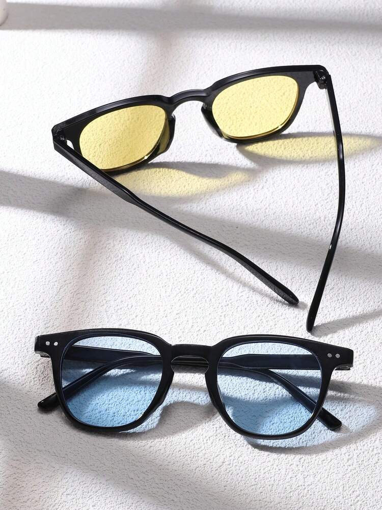 2副男士时尚眼镜，亚克力材质，休闲小矩形海洋风，黑色时尚眼镜，适合度假、外出和搭配服装。 - 彩色 - 查看 3