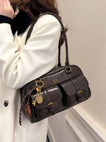 Women's Retro Solid Color Pu Leather Shoulder Bag With Multiple Pockets Large Capacity Comes With A Detachable Accessory Charm, Vintage Bag For Women - Cà phê nâu - Xem 7