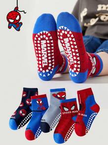 Marvel 5双儿童蜘蛛侠主题袜子，包含女童及膝袜和男童透气防滑卡通袜，以及居家运动儿童防滑地板袜