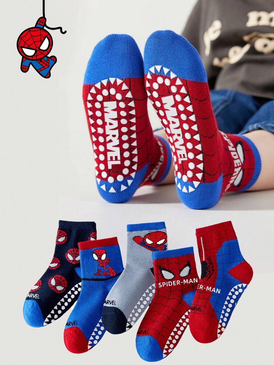 Marvel 5双儿童蜘蛛侠主题袜子，包含女童及膝袜和男童透气防滑卡通袜，以及居家运动儿童防滑地板袜