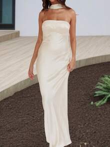 Summer Dresses For Women Vintage Maxi Dress Elegant Bodycon Dress Stylish Solid Color Satin Long Dress Fashionable Open Back Strapless Sleeveless Party Dress Cocktail Party Dress Daily Clothes Streetwear Aesthetic Clothes - Rượu sâm banh - Xem 2