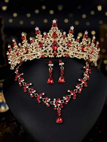 1 Bộ phụ kiện cô dâu gồm vương miện đính đá đỏ, vòng cổ, bông tai, bộ trang sức cưới 4 món, phù hợp với váy cưới, đầm dạ hội, tiệc tùng, phụ kiện ngày Valentine. - Đỏ - Xem 5