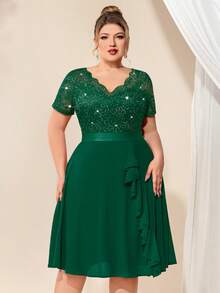 Plus Elegant V-Neck Sequin Lace Contrast Chiffon Ruffle Trim Cocktail Party Swing Dress - Dark Green - View 5