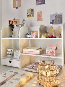 1pc White Wood-Plastic Composite Storage Rack For Bedroom,Living Room,Office, Dorm Desktop Organizer For Cosmetics, Figurines, Books, Pens, Calendar, Lipstick, Facial Mask Etc. Acrylic Ladder Display Stand, 3-Tier Trapezoidal Display Stand, Home Storage Display Stand Jewelry Cosmetics Display Stand, Multi-Layer Organizer Transparent Display Stand Cake Stand Perfume Rack - White - View 10