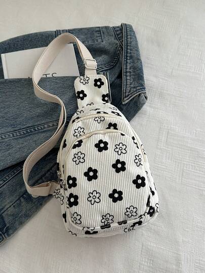 Strawberry Print White Women's Fanny Pack Waist Bag Coin Purse Multi-Pocket Canvas Bag Small Phone Pouch Cute Pink Travel Bag, Strawberry, Kawaii