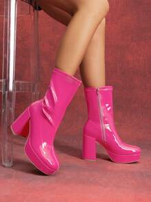 Women's Chunky Platform Mid-Calf Boots Waterproof Square Toe Fashionable Lightweight Comfort Elegant Bright Solid Color Side Zipper Classic For Parties Dress Festival Ankle Go Go Hot Pink Boots - Màu Hồng Tươi - Xem 3
