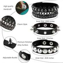 Eigso 3 Pcs Leather Punk Bracelets Men Women Of Rock Rivet Wrap Retro Spike Bracelet Adjustable - Black - 6 Pcs - View 2