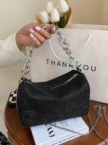 Shiny Rhinestone Hollow Metal Chain Decor Zipper Closure Women's Shoulder Bag