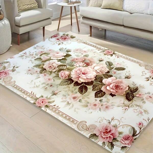 1pc Comfortable Crystal Velvet Rug][Machine Washable] Vintage Floral Area Rug, Rectangular, For Entryway, Bedroom, Living Room, Kitchen Floor