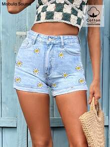 Fashion Casual Rolled Hem Denim Shorts For Women, Embroidered Daisy Elastic Waist, Suitable For Spring/Summer Vacation