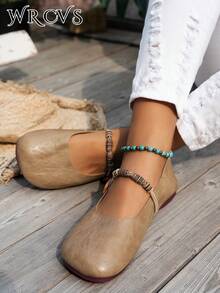 Giày bệt mũi tròn màu kaki thu/đông dành cho nữ, giày công sở chống trượt bằng da PU, giày lười tối giản, giày bà già cổ điển - kaki - Xem 2