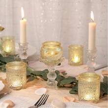 12pcs Vintage Nordic Style Sunflower Glass Candle Holders, Romantic Atmosphere Tabletop Decor Candle Cups, Suitable For Wedding, Dining Table Decoration