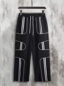 男士时尚休闲撞色条纹运动裤，秋季 - 黑色 - 查看 2