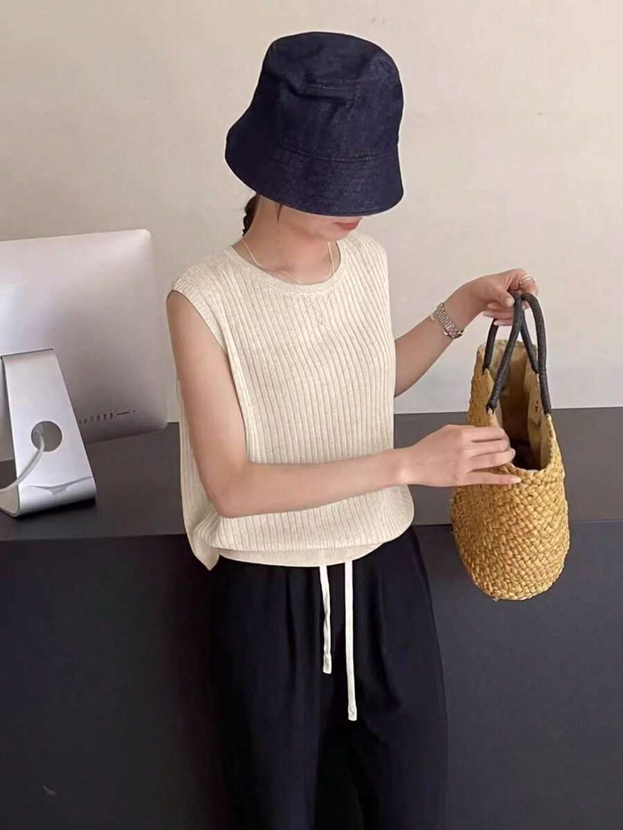 无袖合身针织上衣，优雅百搭，全新夏季系列 - 杏色 - 查看 1