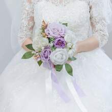 Dusty Blue Wedding Bouquets For Bride Bridesmaid, White Wedding Artificial Roses Flowers For Wedding Bouquets Ceremony, Anniversary - Lilac & Ivory & Cream - View 4
