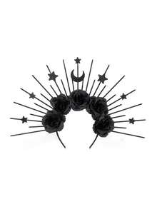 1 件哥特式黑女巫玫瑰头带，金色太阳和月亮发饰，万圣节舞台表演服装道具 - 彩色 - 查看 3