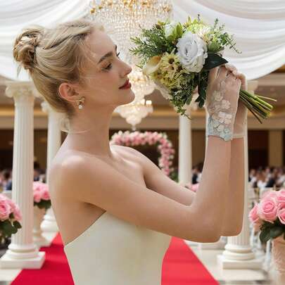 زوج واحد من قفازات العروس القصيرة ذات التطريز الملون والشبكي والزهري الأنيق للنساء