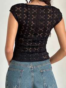 Women's Sheer Lace Tops Summer Cap Sleeve Scoop Neck Solid Color T-Shirts Blouses