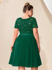 Plus Elegant V-Neck Sequin Lace Contrast Chiffon Ruffle Trim Cocktail Party Swing Dress - Dark Green - View 3