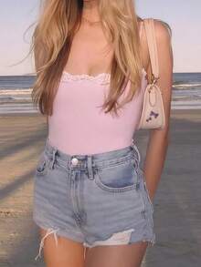 Women's Y2k Lace Trim Cami Tops Fairy Grunge Spaghetti Strap Tank Tops Slim Fit Sleeveless Vest Coquette Aesthetic Clothes - 粉色 - 查看 3