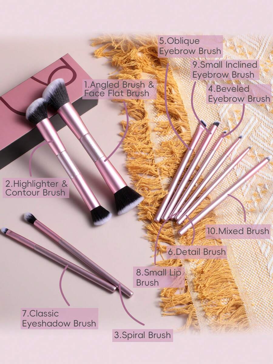 BS-MALL High Quality 10pcs Purple Dual-Ended Makeup Brush Set With Paper Box Full Face Makeup Brushes Makeup Tools Set Foundation Brush Blush Brush Contour Brush Eyeshadow Brush Set - Purple - View 1