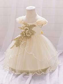 Toddler Baby Girl Party Dress 3D Flower Cap Sleeve A-Line Tulle Princess Dress For Wedding Birthday Party - 香檳色 - 查看 5
