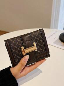 Ví gập 3 ngăn dành cho nữ, ví ngắn màu nâu họa tiết hình học cổ điển, ví đựng nhiều thẻ, ví đựng thẻ ngân hàng, ví đựng thẻ xe buýt, ví ngắn cổ điển dành cho nữ, ví mini, ví nhỏ, ví dễ thương - màu nâu - Xem 3