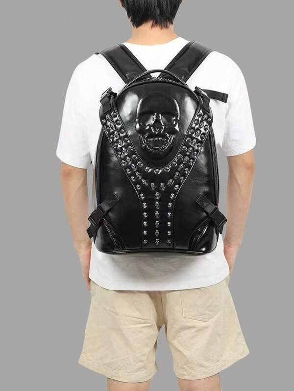 European & American Fashion Casual Backpack, New Rivet Skull 3D Design Large Capacity Backpack For Men