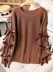 大码休闲圆领蝴蝶结撞色针织套头衫 - 棕色 - 查看 3