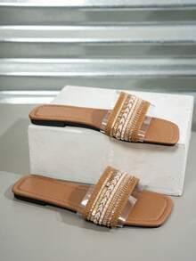 1 Pair Wide Fit Women's Vacation Style Rhinestone Flat Slip-On Slippers, Comfortable For Outdoor Wear - Brown - View 6