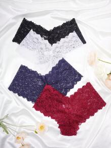 4pcs/Pack Plus Size Women Sexy Lace Trim Bikini Panty