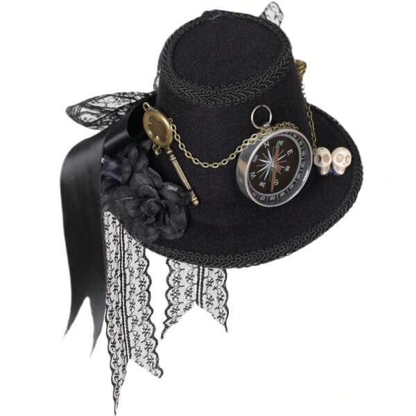 Steampunk Mini Top Hat, Mechanical Gear Punk Black Hair Clip Hat, Black Small Cap, Compass Decor, Best Gift For Halloween, Vintage Veil Fascinator Hat For Masquerade Ball, Costume Party, Photography Props
