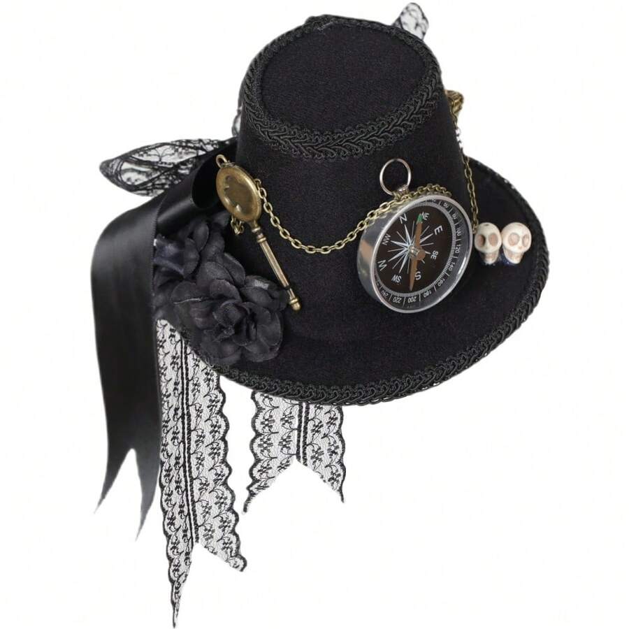Steampunk Mini Top Hat, Mechanical Gear Punk Black Hair Clip Hat, Black Small Hat With Compass Decor, Best Gift For Halloween, Vintage Veil Fascinator Hat For Masquerade Ball, Costume Party, Photography Props