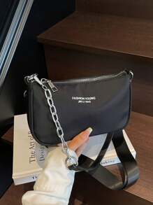 时尚休闲字母装饰涤纶材质拉链单肩包，简约便携斜挎包，适合女性购物、工作、外出和日常使用 - 黑色 - 查看 1