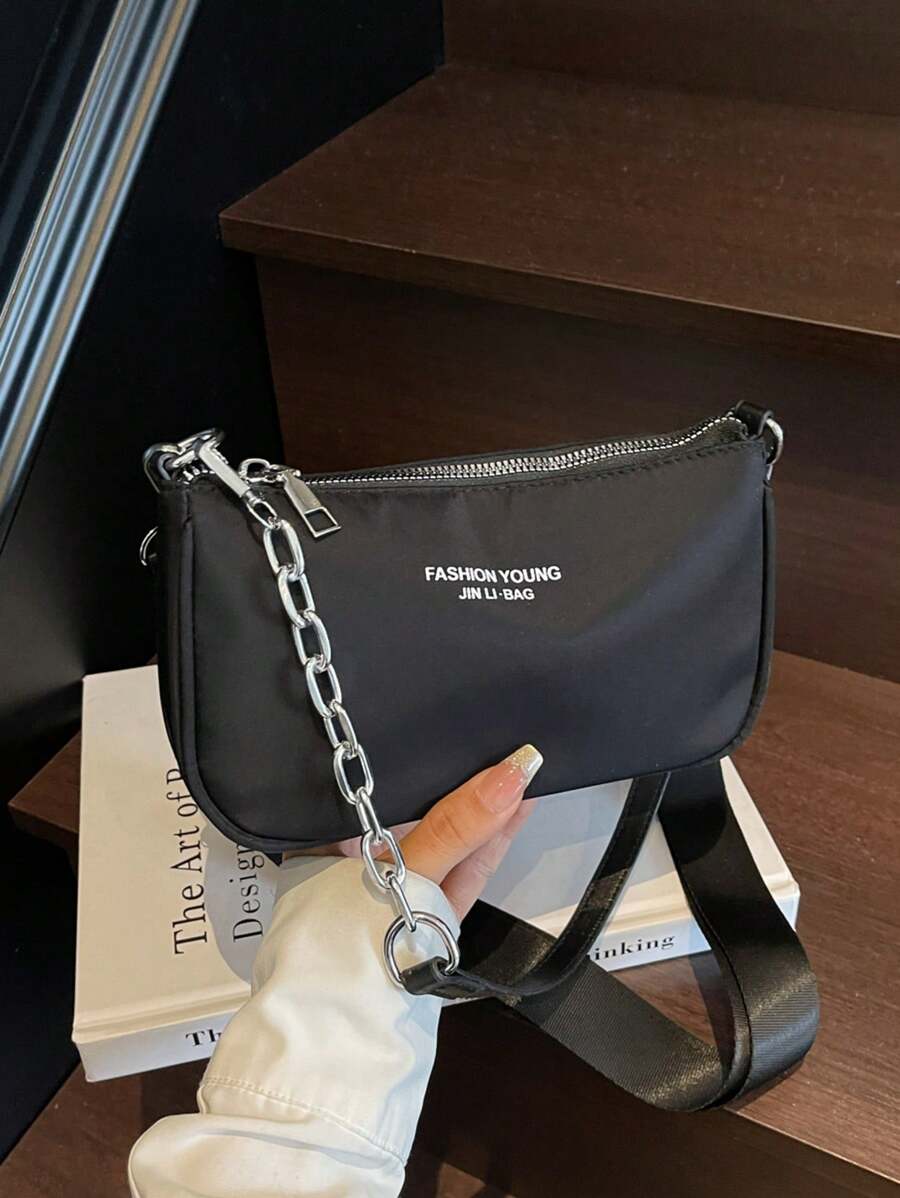 时尚休闲字母装饰涤纶材质拉链单肩包，简约便携斜挎包，适合女性购物、工作、外出和日常使用 - 黑色 - 查看 1