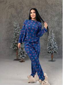 PIJAMA AFELPADA PARA DAMA CONJUNTO DE 2 PIEZAS PANTALON Y PLAYERA DE MANGA LARGA - Rosa - Ver 2