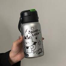 1 pezzo Bottiglia d'acqua isolata in acciaio inossidabile con manico in silicone con stampa 3D carina, grande capacità