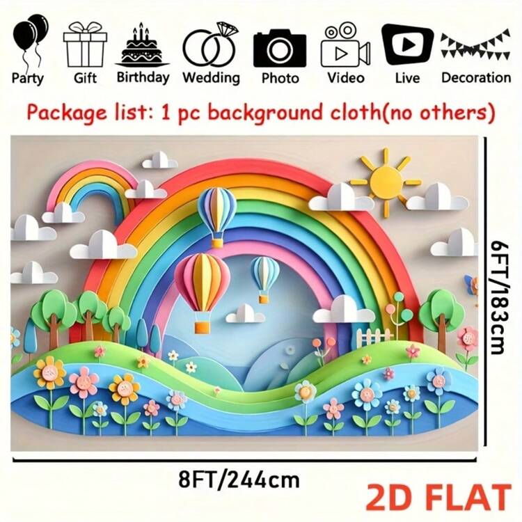 Um Mural Plano 2D de Arco-íris com Balões de Ar Quente e Sol - Bottom de Festa de Poliéster Vibrante, Adequado para Decoração Interna/Externa, Adereços de Estúdio de Fotografia e Comemorações de Feriados, Fácil de Pendurar, Decoração de Arco-íris - Multicolorido - Visão 3