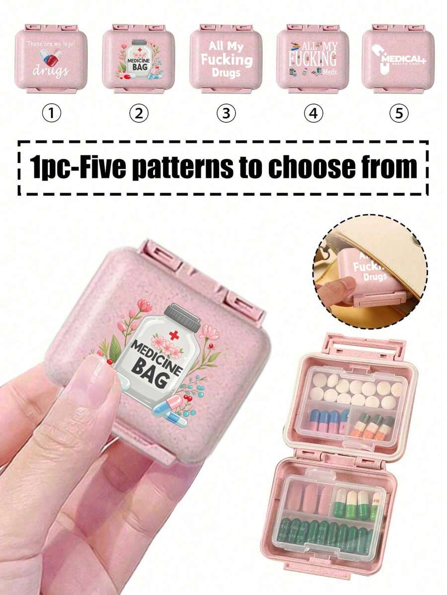 6-Compartment Portable Mini Pill Box, Pink Small Medicine Box Printed With "Medicine" Letter, Can Store 6-Day Medication, Travel Pill Case, 6-Grid Compact Pill Organizer, Daily Vitamin Box, Pocket/Wallet Sized, Letter ID Hanging Storage Box For Earrings, Rings, Jewelry, Household & Travel Essential - Pink - View 1