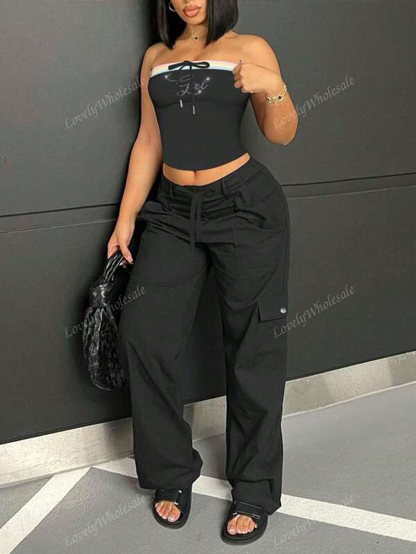 LovelyWholesale Femmes Top tube récolte sexy avec couture de contraste de couleur et pantalon décontracté casual à cordon, deux pièces pour l'été