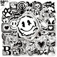 50pcs Vintage Black & White Stickers - Unique Graffiti-Style Designs For Phones, Laptops, Suitcases & Tablets - Durable PVC Material, Reusable Decals With Skulls, Hearts, Joyful Faces & More, Journaling Accessories | Graffitistyle Stickers | Durable PVC Stickers, Cute Stickers - 50pcs - 查看 3